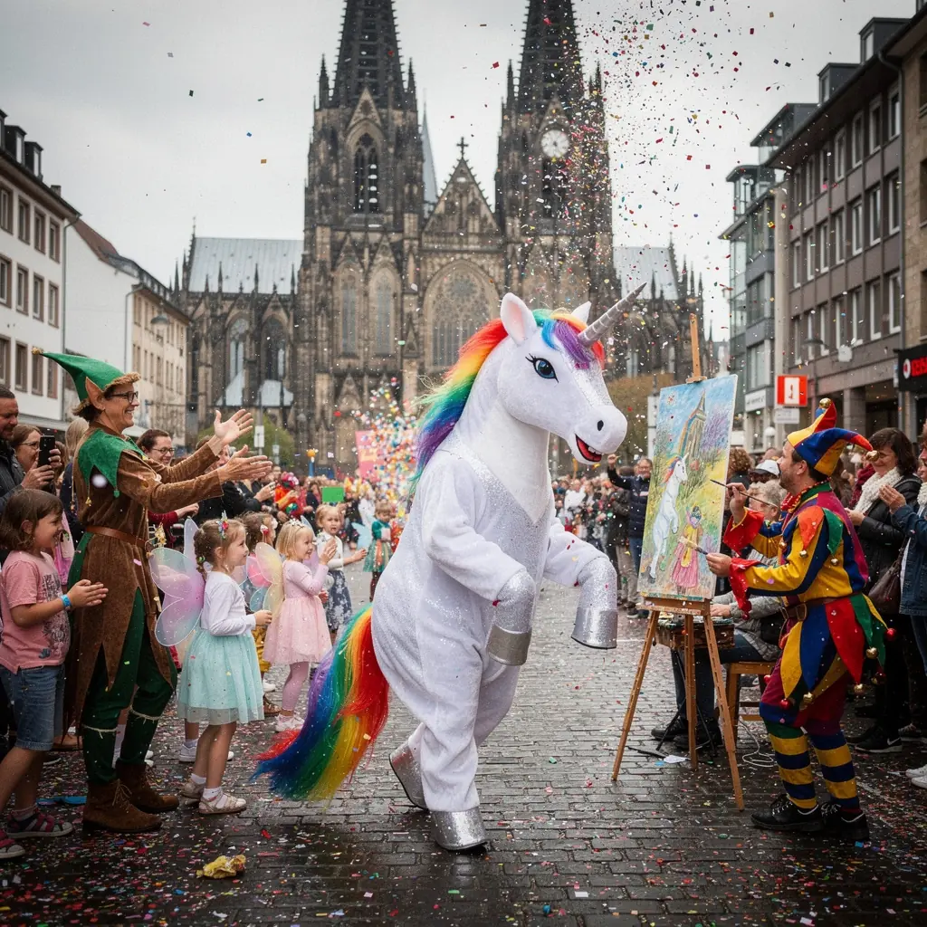 Bunte Karnevalsfeierlichkeiten mit fröhlichen Menschen in farbenfrohen Kostümen.