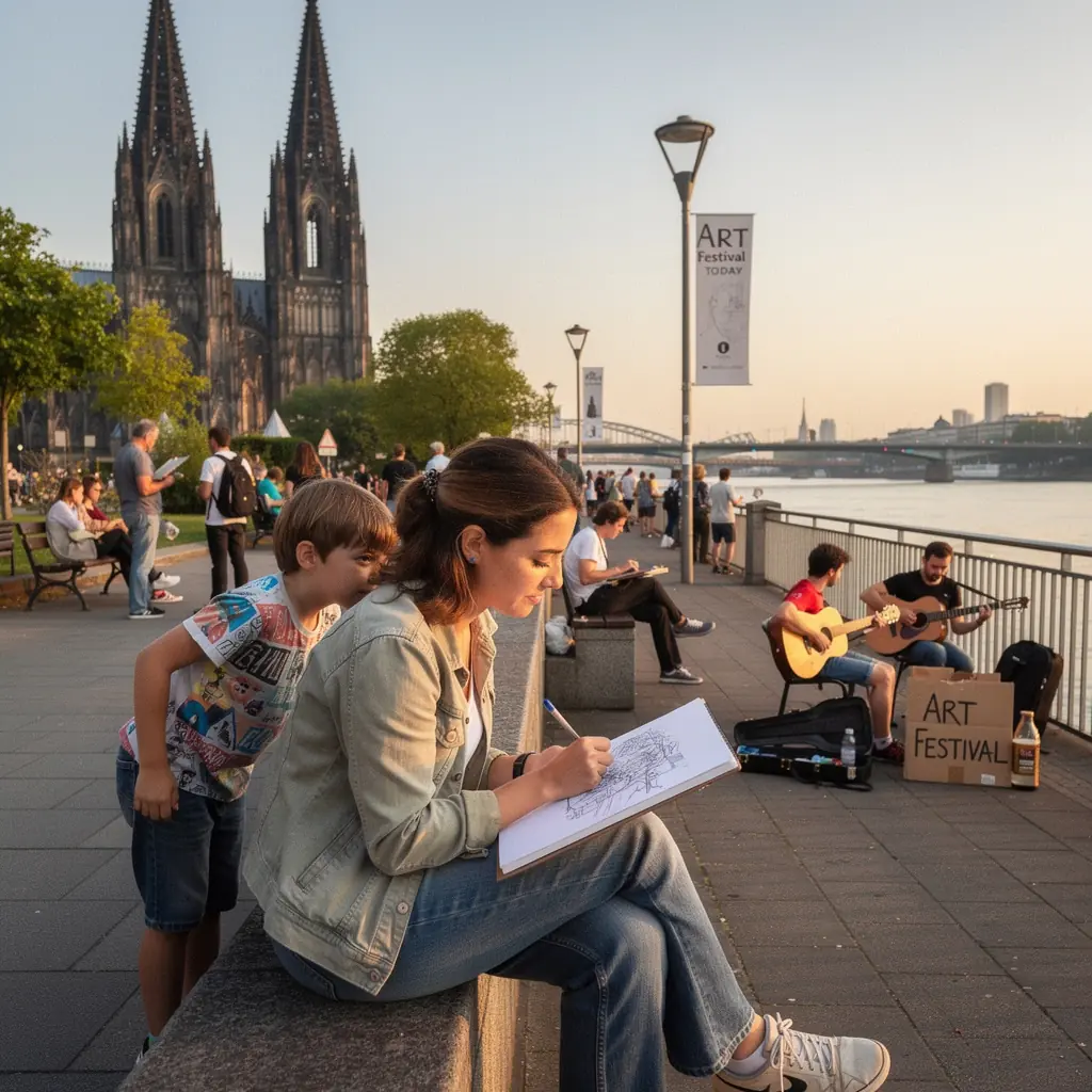 Die malerische Rheinuferpromenade, gesäumt von Bäumen und gemütlichen Cafés.