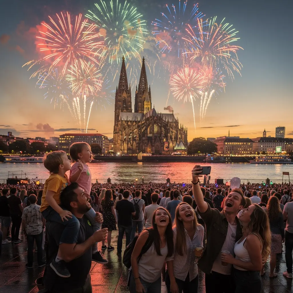 Abendliche Beleuchtung des Kölner Doms vor einem klaren Nachthimmel.